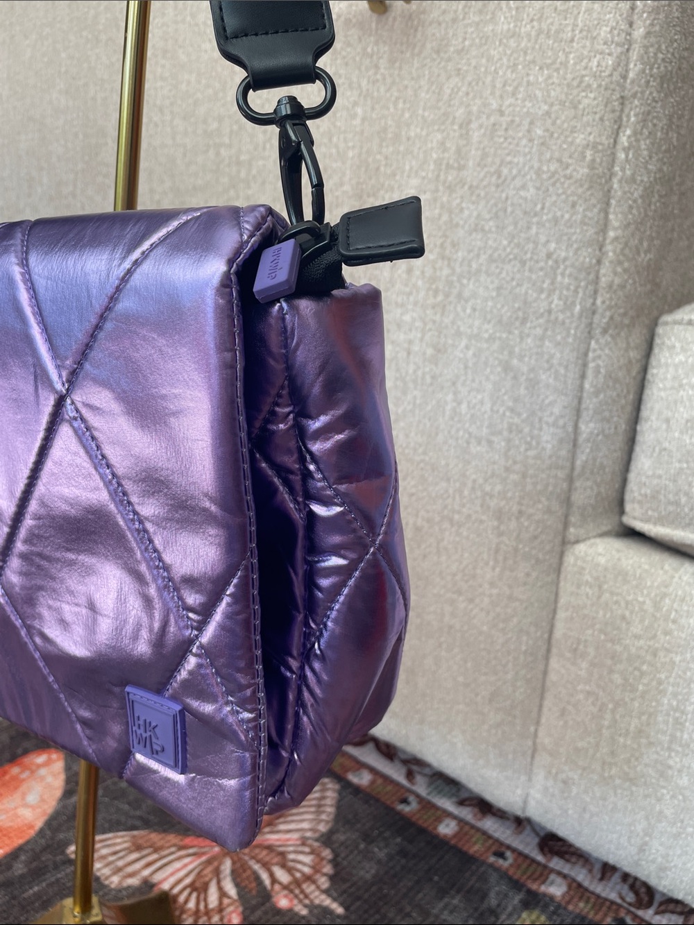 Iridescent Purple Quilted Shoulder Bag with Black Strap IHKWIP - Picture 5 of 16